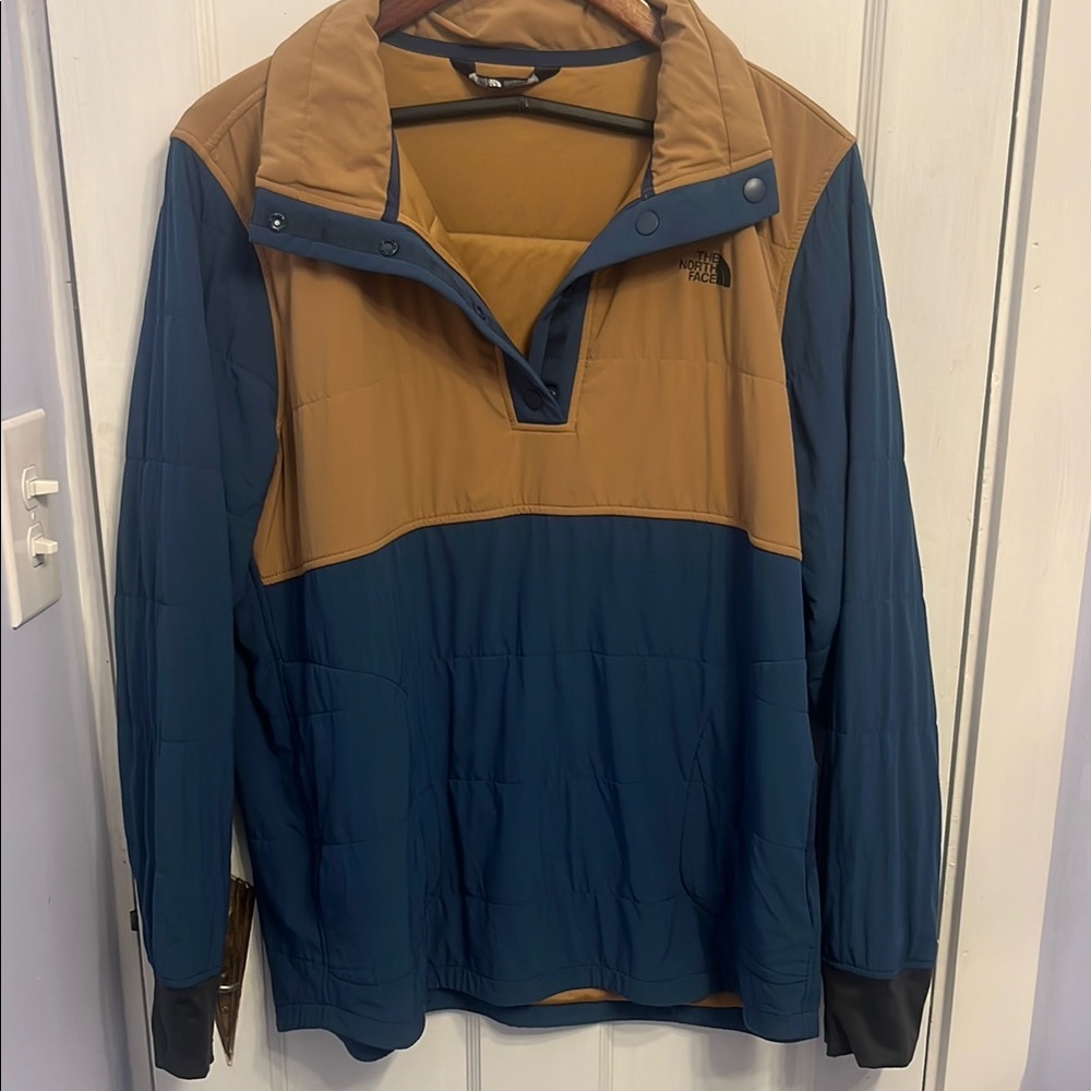 The North Face Blue and Tan quilted pullover